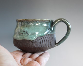 Small Handmade Stoneware Coffee Mug: Black Clay Pottery Mug 9 oz