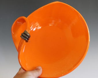 Handmade Ceramic Hostess Bowl: Modern orange Pottery (8.5" width)