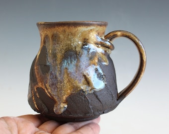 Handmade Stoneware Coffee Mug: Unique Black Clay Pottery, 13 oz