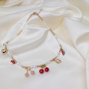 Beaded fruit charm necklace with pearls and gold accents, cherry watermelon strawberry pendant jewelry, summer y2k gift for her, fun style