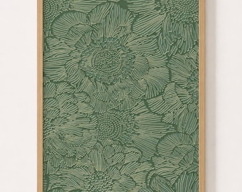 セージグリーンの花柄プリントウォールアート、ミニマルなボタニカルプリント