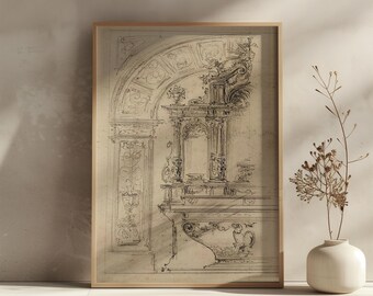 May include: A framed architectural sketch in a neutral color palette. The detailed drawing depicts an ornate structure with columns, arches, and decorative elements. The artwork is displayed on a white surface, with a vase of dried flowers to the right.