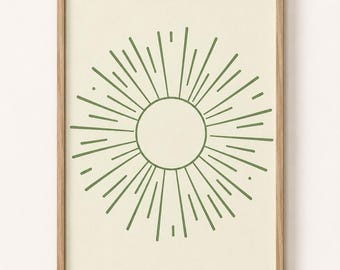Minimalist Sunburst Print, Geometric Green Line Art, Scandinavian Japandi Decor (Digital Download)