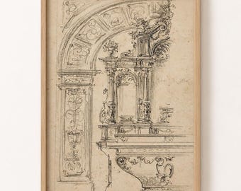 Vintage Architectural Sketch Printable, Antique European Wall Art