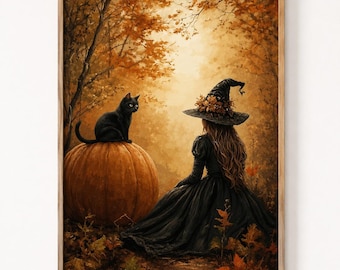 Vintage Witch Halloween Art, Black Cat Pumpkin Decor, Gothic Autumn (Digital Download)