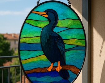Stained Glass Cormorant Suncatcher: Colorful Bird Window Hanging (Digital Download)