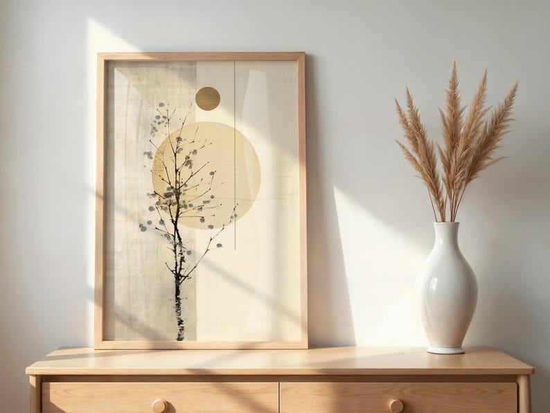 May include: A framed art print featuring a minimalist tree branch design with a large yellow circle and a smaller gold circle. The artwork is displayed on a light wood dresser, next to a white vase with dried pampas grass.