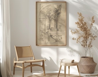 May include: A framed architectural sketch in a warm-toned wooden frame. The sketch is a detailed drawing of an ornate structure with arches and decorative elements. A woven chair, a small stool, and a round rug are in the foreground.