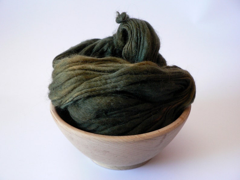 SALE Handspun Domestic Wool Thick n/' Thin Yarn Hand Dyed Deep Olive 105 yards Super Bulky