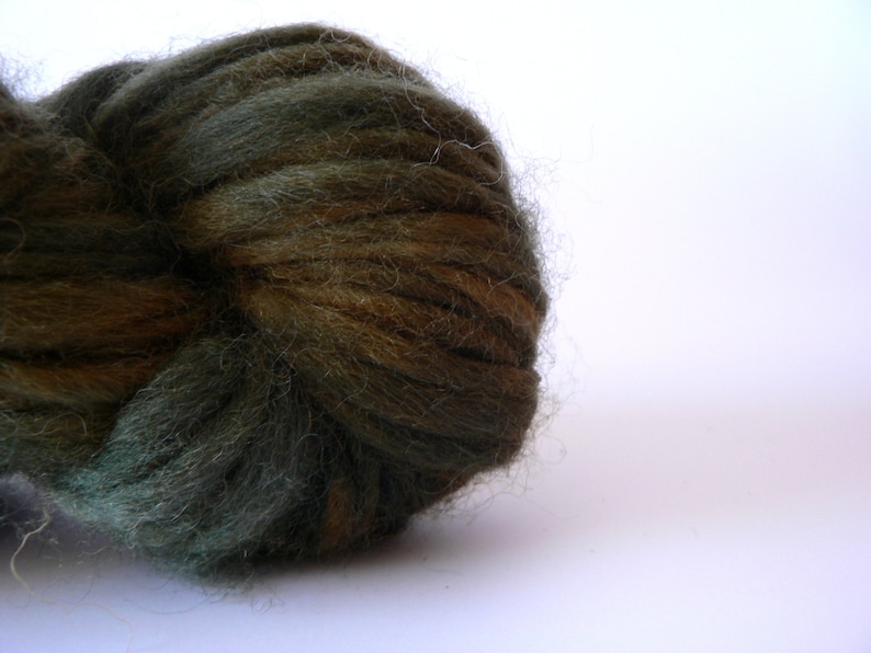 SALE Handspun Domestic Wool Thick n/' Thin Yarn Hand Dyed Deep Olive 105 yards Super Bulky