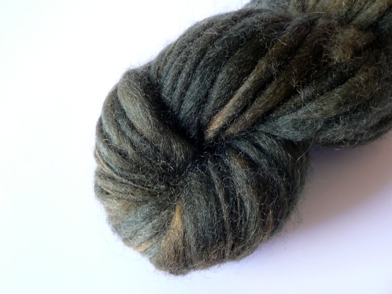 SALE Handspun Domestic Wool Thick n/' Thin Yarn Hand Dyed Deep Olive 105 yards Super Bulky