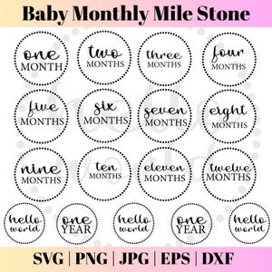 Paquete SVG de hitos mensuales del bebé, rondas SVG de hitos mensuales del bebé, Glowforge Cricut y Silhouette, Hola mundo SVG, archivos de corte SVG de bebé