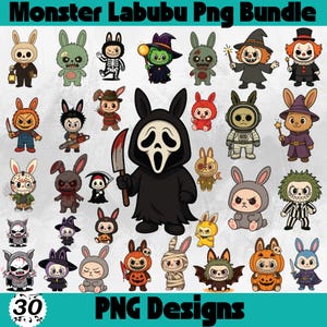 Horror Labubu PNG Bundle, Cute Funny Character Png, Chibi Movie Characters Png, Kawaii Halloween Png, Sublimation, Monster Doll Halloween