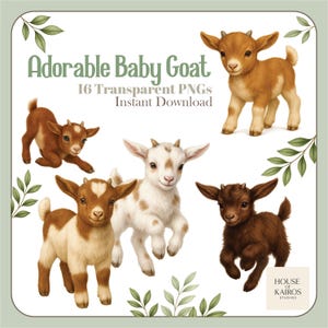 16 Baby Goat Clipart PNGs – Watercolor Goat Clip Art, Cute Farm Animal Sublimation, Nursery Wall Art, Cricut, Printable Stickers