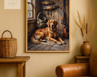 Golden Retriever Lodge Art Print | Rustic Cabin Decor (Digital Download)
