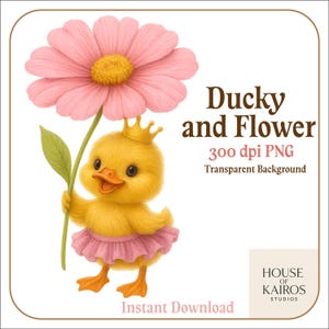 Princess Duck with Pink Flower – Cute Baby Duck PNG Clipart | Nursery Decor, Ballerina Duck Digital Download, 300 DPI Transparent Background