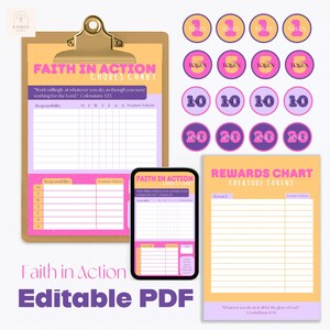 May include: A digital printable chore chart and reward token set. The chart is on a clipboard with the text "Faith in Action Chores Chart". Includes a rewards chart and token designs. The text "Editable PDF" is also visible.