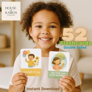 52 Flashcards Cristãos para Crianças – Afirmações Bíblicas e Cartões de Memorização das Escrituras | Para Imprimir | A4 + Carta EUA | Aprendizagem Baseada na Fé