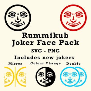 May include: A digital graphic design featuring a "Rummikub Joker Face Pack" with various joker face designs in black, red, yellow, and blue. The text includes "SVG - PNG" and "Includes new jokers".