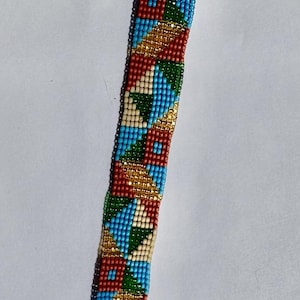 Beaded Bracelet Earth Tone Blue Red – Handmade Wide Loom Cuff Bracelet – Geometric Boho Jewelry – Statement Accessory – Beadline87