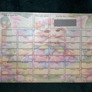 Op de afbeelding: Een kleurrijk inzamelingsspelbord met een feeënillustratie. Het bord is verdeeld in secties met namen en ruimtes voor prijzen. Tekst bevat "Fondsen werven voor", "Prijs per naam" en "En de naam van de fee is".