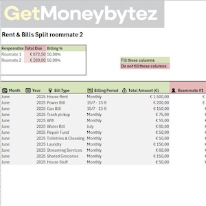 Rent & Bills Split Calculator | Roommate Expense Splitter Excel + Google Sheets Template