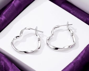 Pendientes de aro con forma de corazón escultural de plata de ley, aros modernos y llamativos, joyería para mujer.