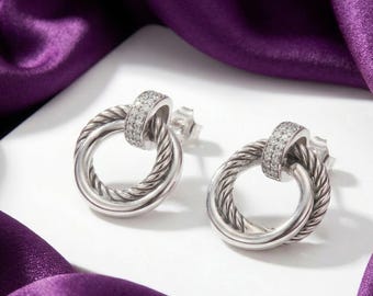 Sterlingzilveren oorbellen met gedraaid touw, CZ effen knoopaccentstekers, damessieraden