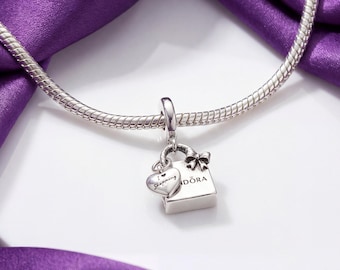 Zilveren boodschappentas bungel bedel past op armband, damesaccessoire, cadeau voor haar