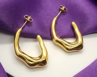 Pendientes esculturales de oro, aros orgánicos pulidos, joyas modernas y llamativas de lujo, elegantes pendientes de oro para mujer, regalo para ella.