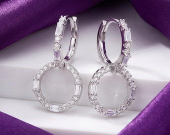 Sterlingzilveren dubbele CZ-oorbellen, effen cirkel en stokbroodgeslepen hoepels, cadeau voor haar