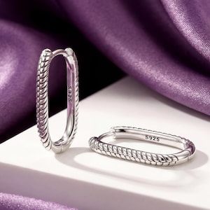 Sterling Silver Twisted Rope Hoops, Long Rectangular Hoop Earrings, Women's Jewellery