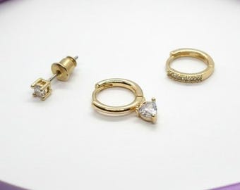 Gouden 3-delige oorbellen set, hartkristal hoepel, effenen CZ stenen hoepel, ronde strass stud, elegante damessieraden, cadeau voor meisje, trendy