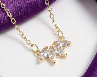 Gold Leaf Design Marquise Crystal Necklace, Sparkling & Bright Women's Jewellery, Everyday Or Occasion Wear, Dainty Style, Gift For Her
