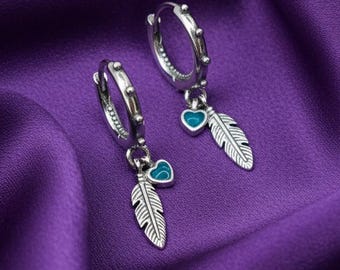 Zilveren spirituele veren oorbellen met turkoois hart, boho-hangoorbellen, cadeau voor haar, boho-sieraden VK, trending 2026
