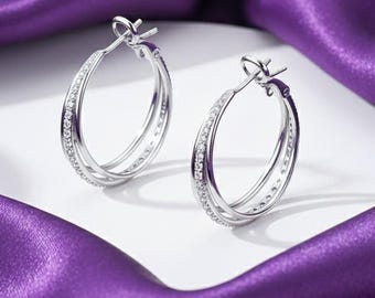 Sprankelende drievoudige hoepels, oogverblindende sterlingzilveren gelaagde oorbellen, damessieraden