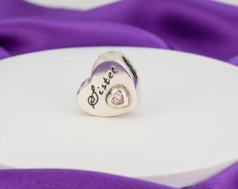 Zilveren bedel met hartvormig zusje met roze zirkonia, damesaccessoire, cadeau voor haar, VK