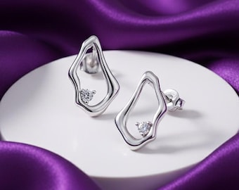 CZ Stone Organic Shape Drop Earrings, Sterling Silver Women's Jewellery, Gift For Her