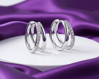 Pendientes de aro dobles de plata de ley con circonitas cúbicas, aros entrelazados con diseño retorcido, regalo para ella.