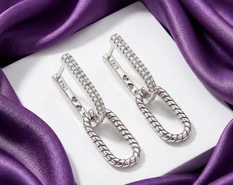 Sterlingzilveren CZ Pave Link-druppeloorbellen, uitgesneden hart van gedraaid touw, cadeau voor haar