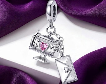 Sterling Silver Mailbox with Envelope Charm Pink Heart Love Letter