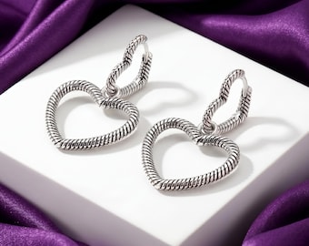 Pendientes de aro con forma de corazón y cadena de serpiente de plata de ley, aros colgantes con forma de corazón abierto, regalo para ella.