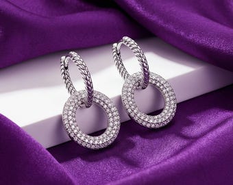 Pendientes de doble círculo con circonitas cúbicas, aros de plata de ley con diseño de cuerda entrelazada, regalo para ella.