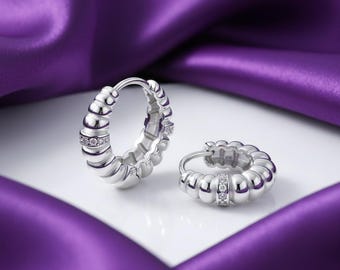 Sterling Silver Ribbed Hoop Earrings With Sparkle Pave CZ Stones, Women's Jewellery UK