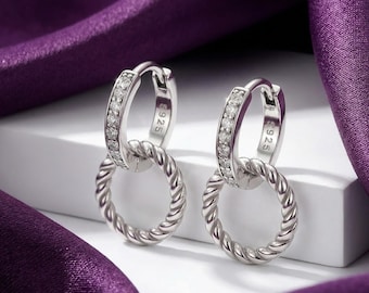 Druppeloorbellen met gedraaide touwcirkel, sterlingzilveren CZ-fonkelende hoepels, damessieraden