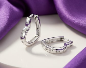 Pave CZ Moon Star Heart Hoops, sterlingzilveren romantische oorbellen, damessieraden
