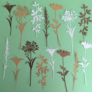 Tim Holtz &quot;Wildflower Stems #2&quot; Die Cuts - Brown, Kraft, and White Cardstock - Set of 15 Flowers - Card Making, Junk Journals, Crafts