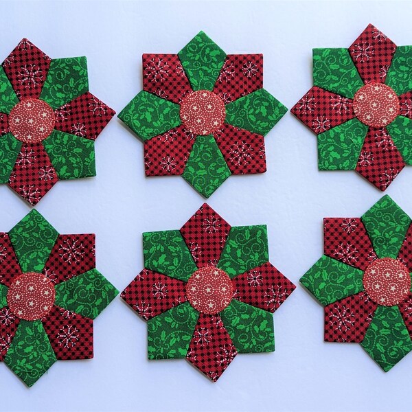 6 Miniature Dresden Plate Christmas Quilt Blocks 5" Stars Set D