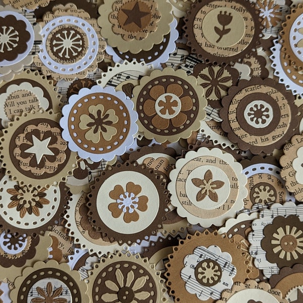 Set of 10 Assorted Paper Flower Embellishments, Layered Flower Medallion Die Cuts, Junk Journal Flowers, Scrapbook Embellishments, Neutrals