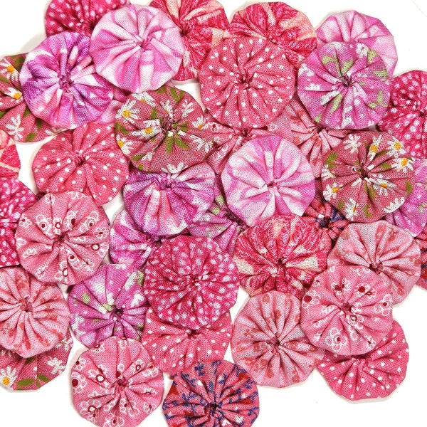 40 Assorted Pink Prints 1 inch Miniature Fabric Yo Yos Applique Quilt Pieces Yoyo Scrapbooking Journal Embellishments